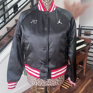 Black Satin Bomber Jacket with Red Stripes